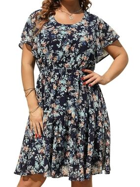 Navy Floral Short Sleeve Midi Dress